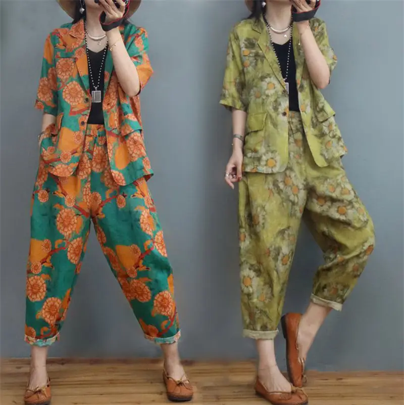 Linen Suit Women 2024 Summer Short Sleeve Korean Floral Printed Cotton And Linen Blazer Jacket + Harlan Pants 2 Piece Set H1115