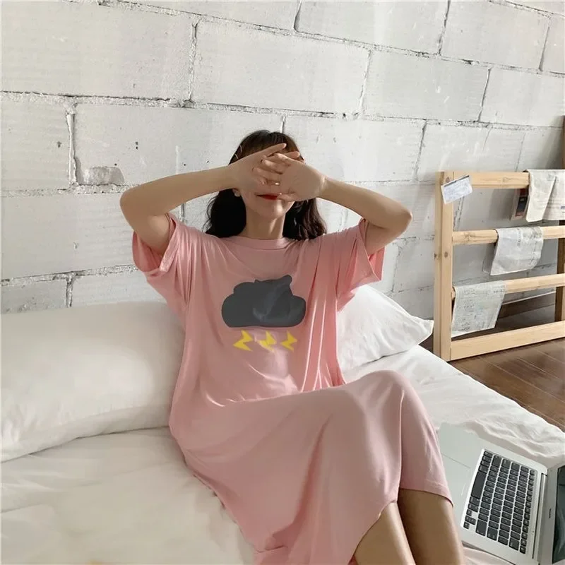 

Ночные рубашки женские с коротким рукавом летние 3XL пижамы с принтом длинные пижамы студенческие Kawaii Ulzzang модные эластичные простые свободные