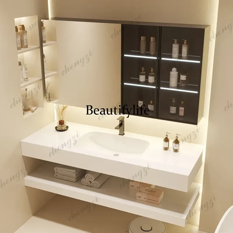 Light luxury rock slab seamless connection ceramic integrated basin bathroom cabinet combination bathroom washstand  a17
