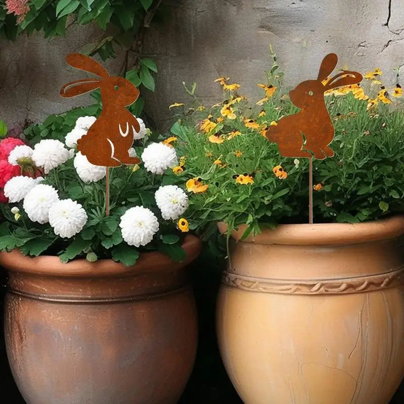 Señales de Pascua para patio, palitos de maceta de hierro con bonito conejito para Pascua, suministros de decoración para el hogar y exteriores, accesorios para fotos con enchufe de jardín