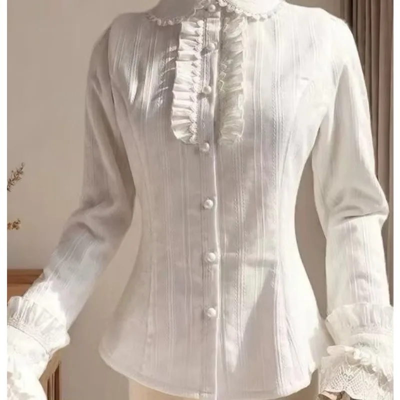 Sweet Lace Cotton Jacquard Lolita JSK Shirt Ruffle Long Sleeve Cute Women Preppy Collar Japanese Button Up Slim Tops