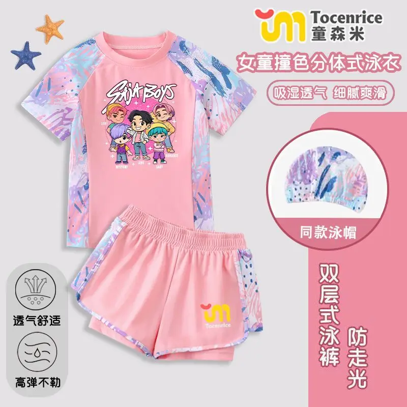 

2026 Trendy Girls' Two-Piece Swim Set Cute Cartoon Short Sleeve Short Bottoms New Arrival