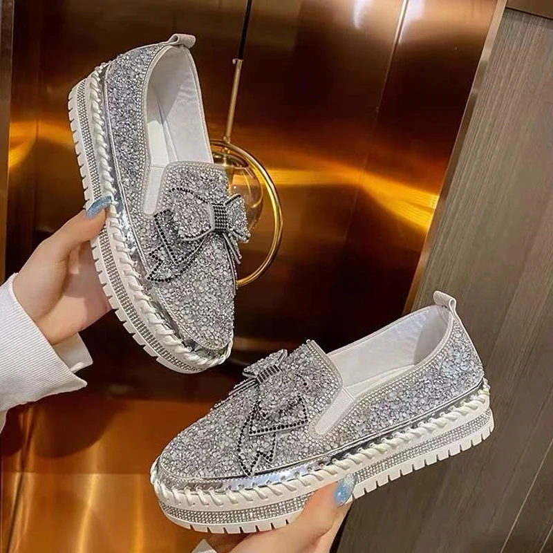 LazySeal Bling Sequine Upper Women Flat Heel Shoe Luxury Butterfly Street Style Casual Footwear Drop Shipping Flats Plus Size 44