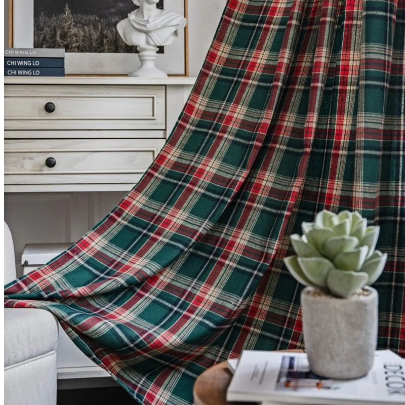 

Red and Green Plaid Cotton and Linen Curtains, Christmas Curtain, American Retro Country Style, Valance Window, Living Room