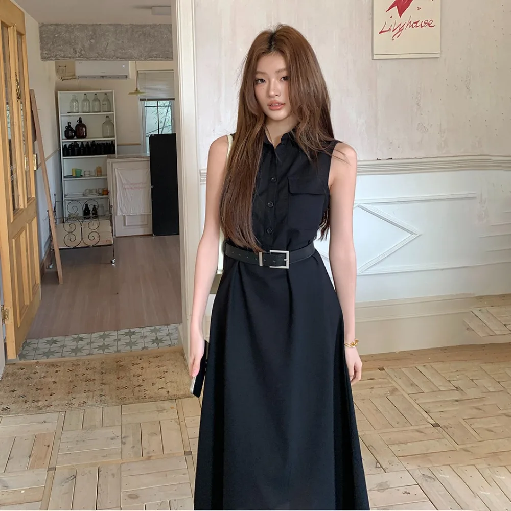 

2025 Spring Summer New Chic Long Dress High-end Light Luxury Sleeveless Slim Shirt Dress Belt Office Lady Formal Work