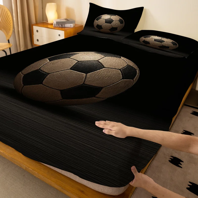 Customize A Classic Black And White Soccer-Themed Fitted Sheet Set Against a Black Background, Featuring a Standalone Deep Pocke