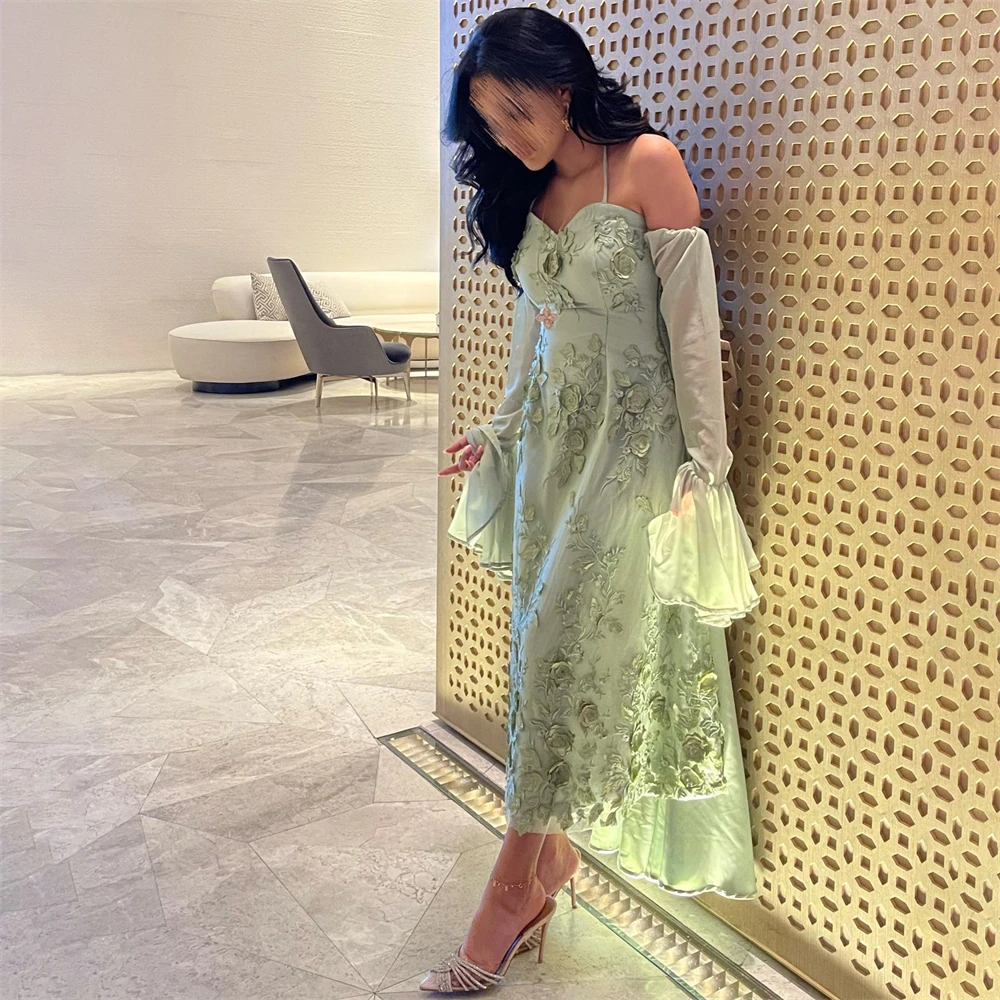 Tarot Green Dubai Appliques Chiffon Prom Dresses A Line Sweetheart Long Bell Sleeves Evening Gowns 2024 Fashion robes de soirée