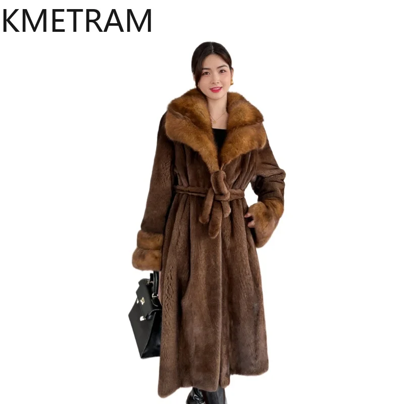 KMETRAM Top Quality Natural Whole Mink Fur Jacket Woman Sable Collar Long Real Mink Fur Coat Winter Women Clothing 2026 шуба