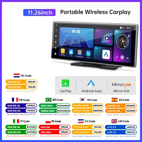 11.26 인치 IPS 터치 스크린 멀티미디어 비디오 플레이어 휴대용 4K DVR 무선 CarPlay/안드로이드 자동 듀얼 렌즈 운전 레코더