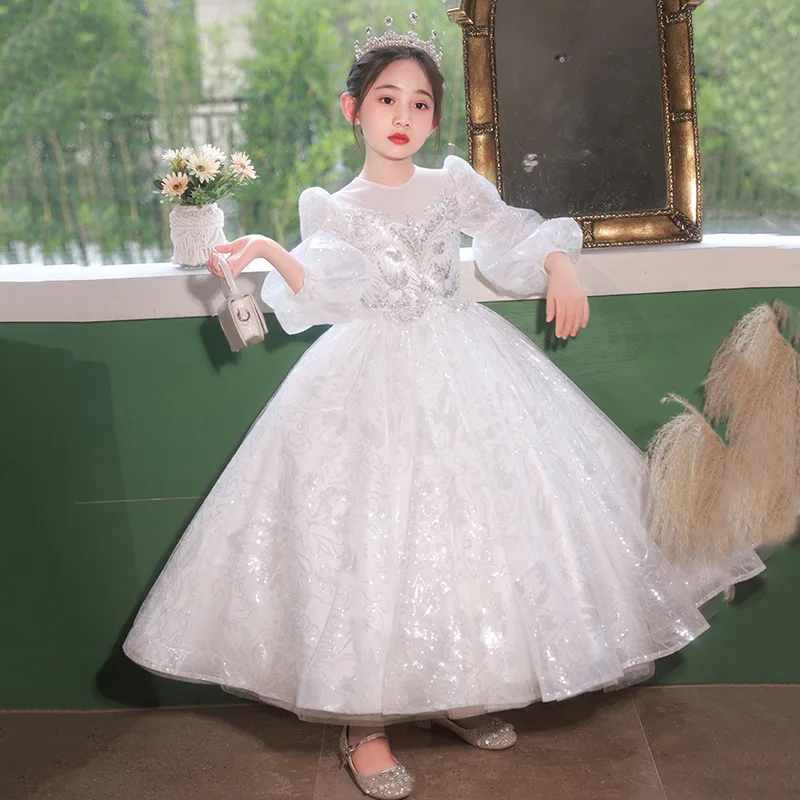 

Girls' Long Sleeve Princess Dress Flower Girl Wedding Children's Puffy Dress Little Girl Annual Meeting Host Piano Performance D