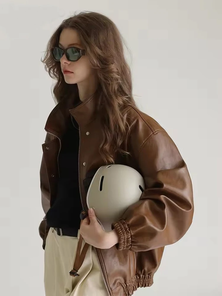 Mauroicardi primavera otoño de gran tamaño desgastado lavado marrón chaqueta de cuero de imitación mujeres con cremallera suelta Casual ropa Retro americana