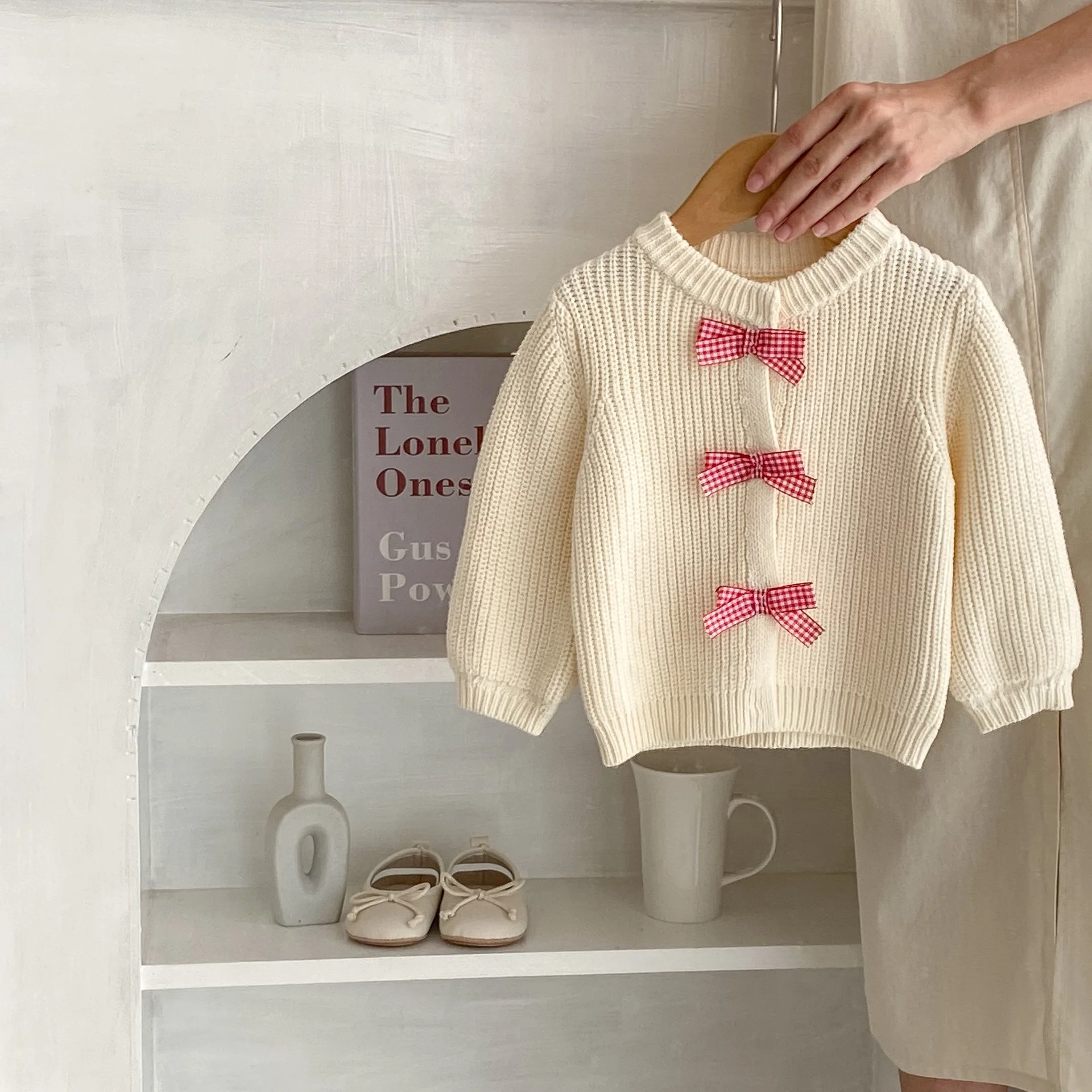 Spring and Autumn Clothing Mesh Red Cotton Yarn Girl Baby Children's Checkered Bow Knitted Long Sleeve Small Cardigan Coat