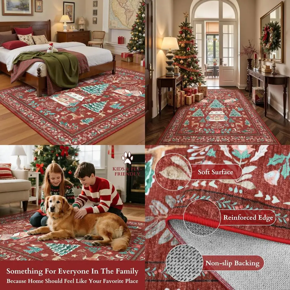 

Vintage Red 5x7 Christmas Tree Rug, Washable and Non-Slip, Ideal for Living Room, Bedroom, and Home Office