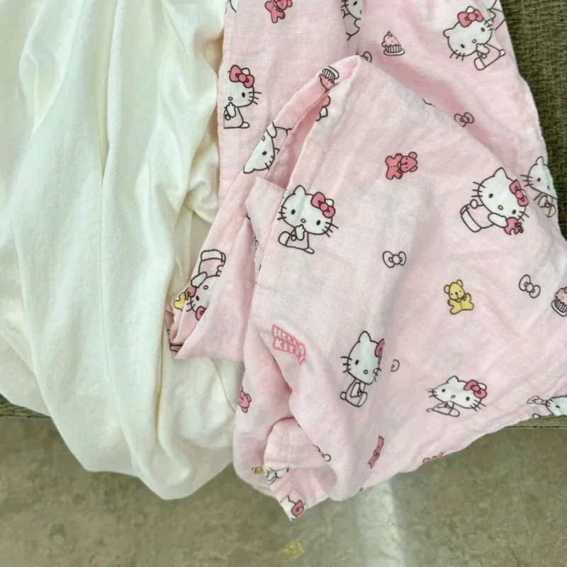 Sanrio Hello Kitty Pure Cotton Pajamas Loose Girls Cute Cartoon Summer Thin High Waist Casual Girly Pants Kawaii Gift