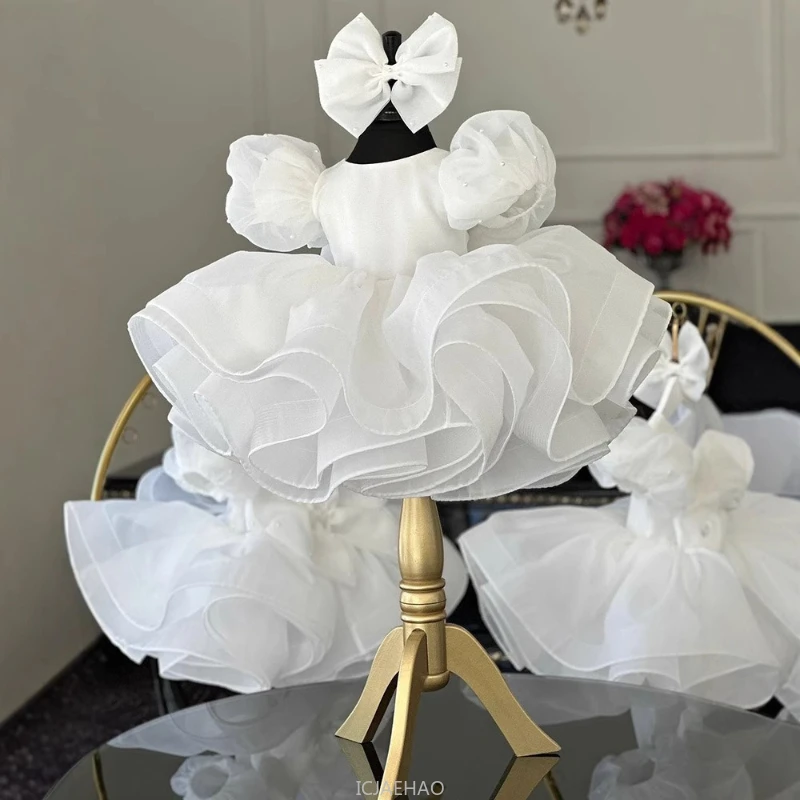 2025 Girls Bubble Sleeve Princess Dress New Kids Flower Girl Tulle Gown European Style Outfit Costume Birthday Party Wedding