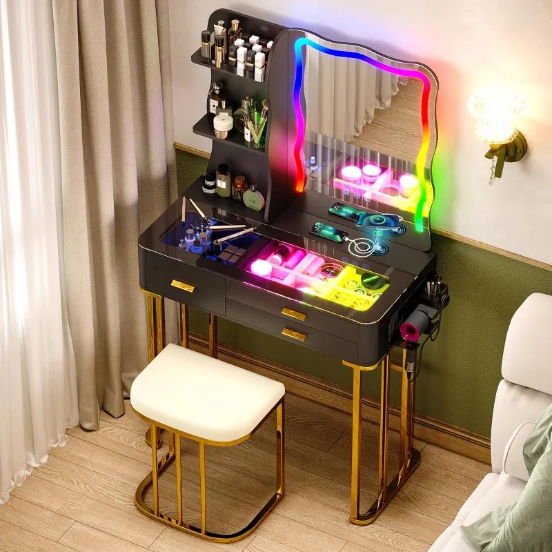 RGB Makeup Vanity Desk with Wireless Charging Station,7 Dynamic and 7 Static Dimmable Vanity Table with Glass Desktop