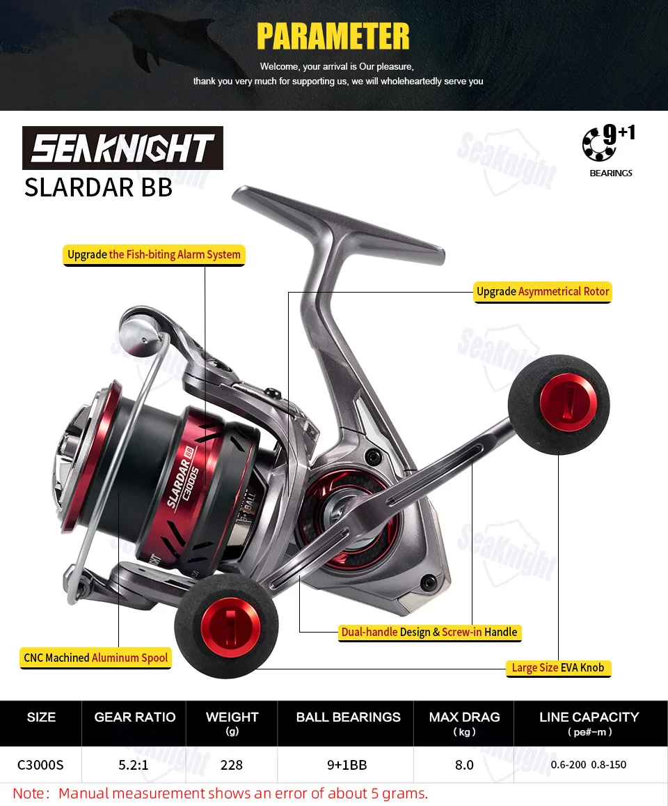 SeaKnight marca SLARDAR BB C3000S pesca de calamar carrete giratorio de doble mango 5,2: 1 baja relación de engranaje pesca anticorrosiva en agua salada
