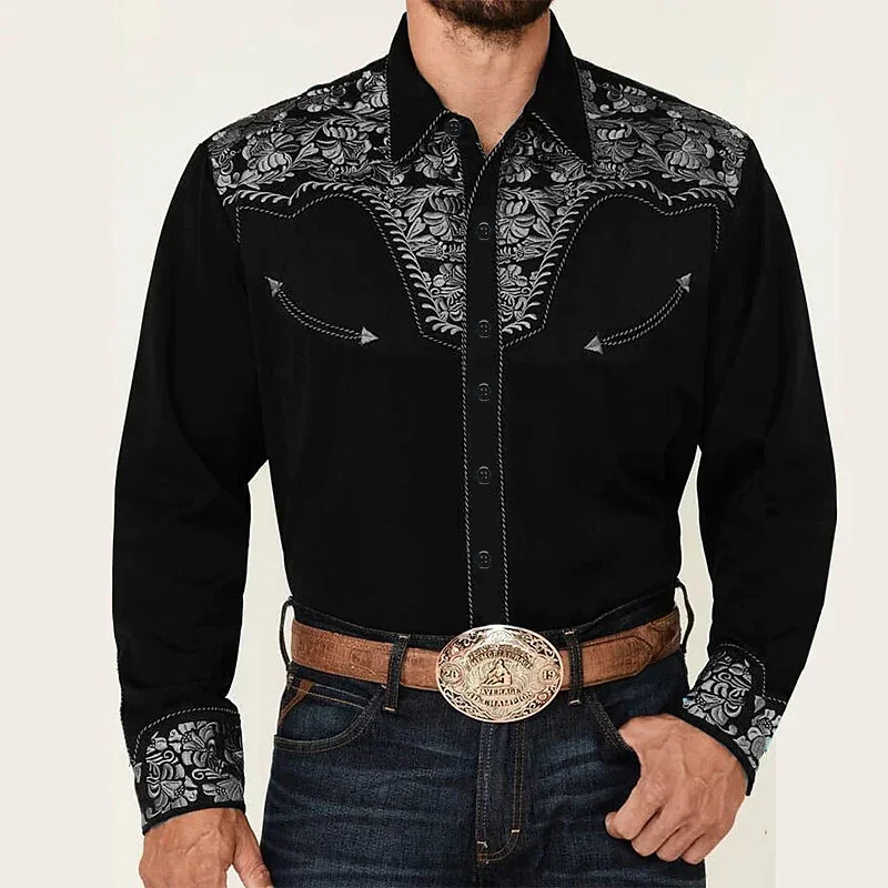 Western Tribal Ethnic Lapel Men's Casual Sports Outdoor Street Long Sleeve Button Top Shirt Suit Lapel Clothing Casual Comfort