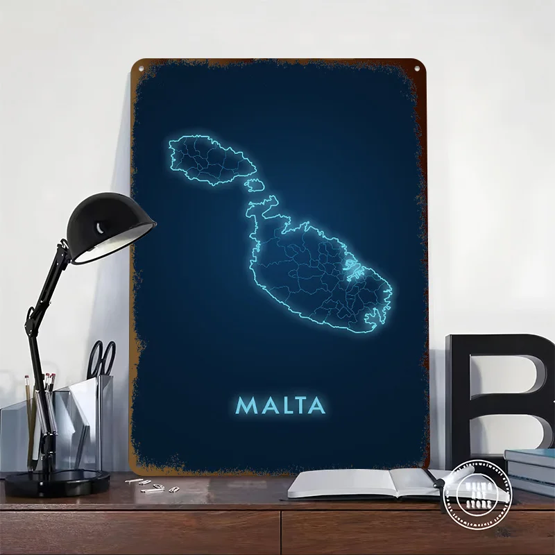 Malta Map Neon Outline Printed Poster Customized Wall Art Retro Vintage Metal Tin Signs for Room Bathroom Decor Bar Accessories