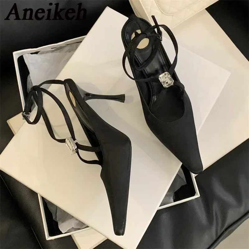 Aneikeh Sexy Pointed Toe Thin Heels Banquet Dress Party Prom Mule Ladies Shoes Spring Designer CRYSTAL Buckle Strap Pumps Women