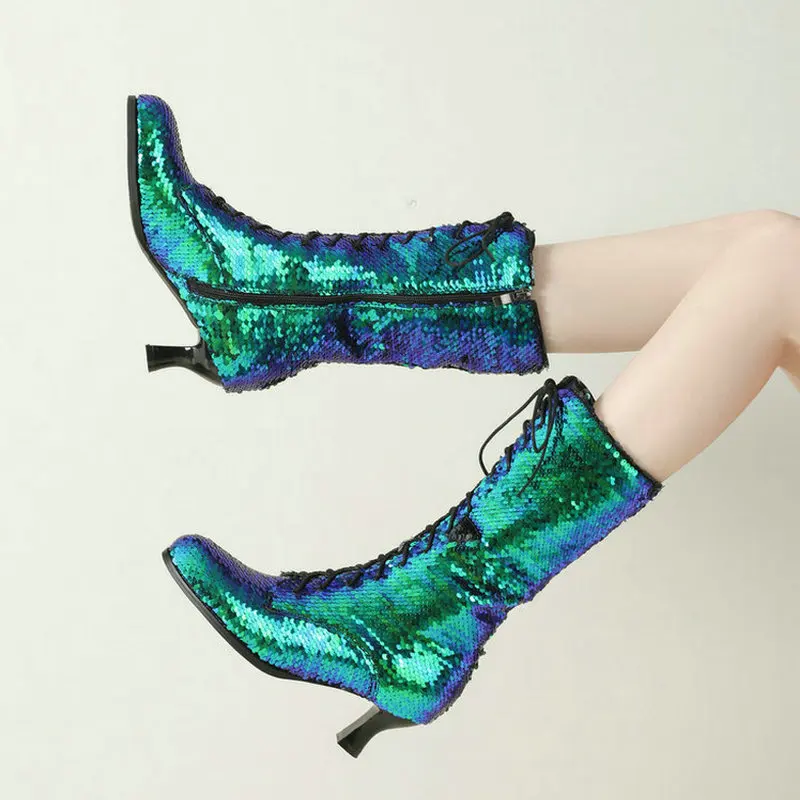 Glitter Sequin Mid Calf Women Boots Thin Kitten Heel Lace Up Goth Boots Back Tie Design Sparkly Party Club Boots Fashion Shoes