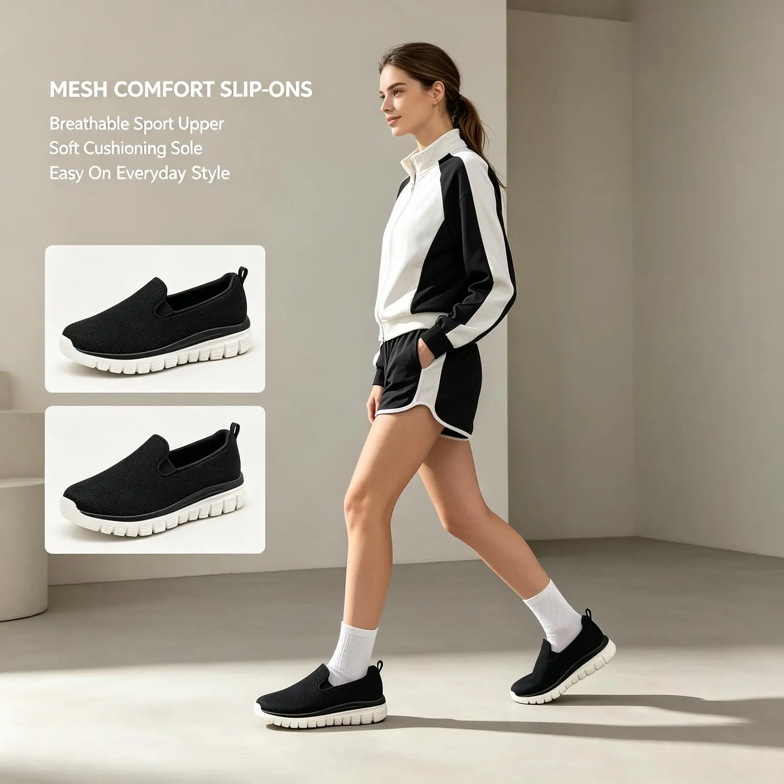 Hot Skechers Black White Mesh Slip-On Shoes Breathable Lightweight Cushioned Block Sole Casual Sneakers for Everyday Walking Com