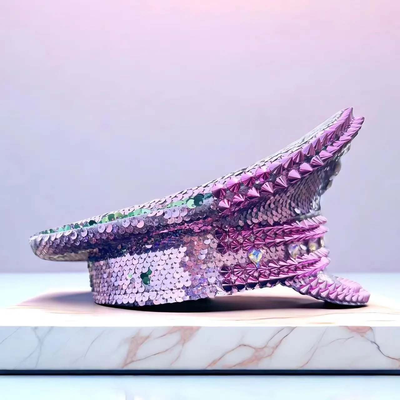 HongLuan gele laser lederen lus kapitein hoed strass & militaire petten voor dames, Rave Festivals accessoires & feestpet man