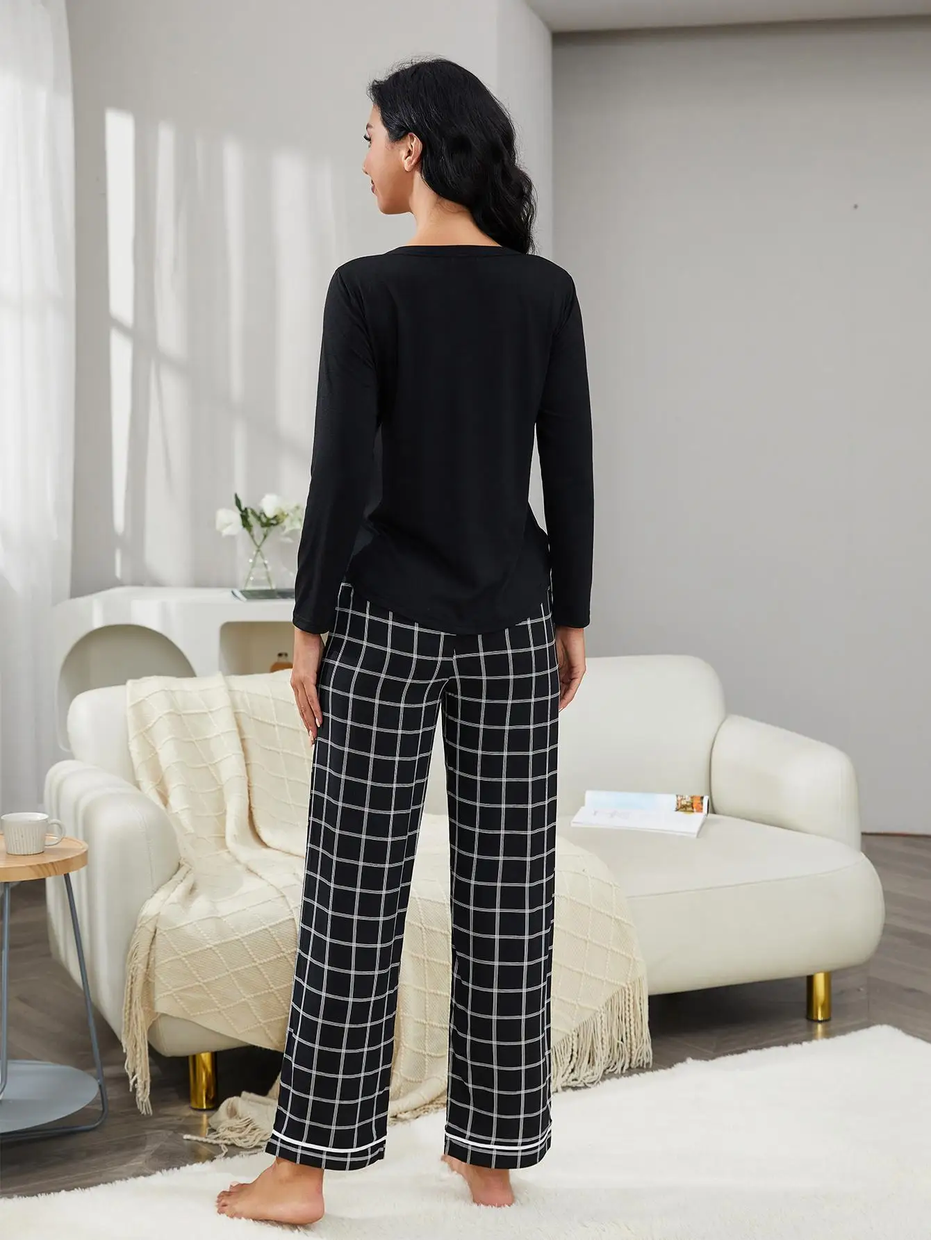 Solid Black Top&Plaid Pants Women\'s Pajamas Set 2 Pieces Long Sleeve V Neck Front Button Pullover With Trousers Sleepwear Suit