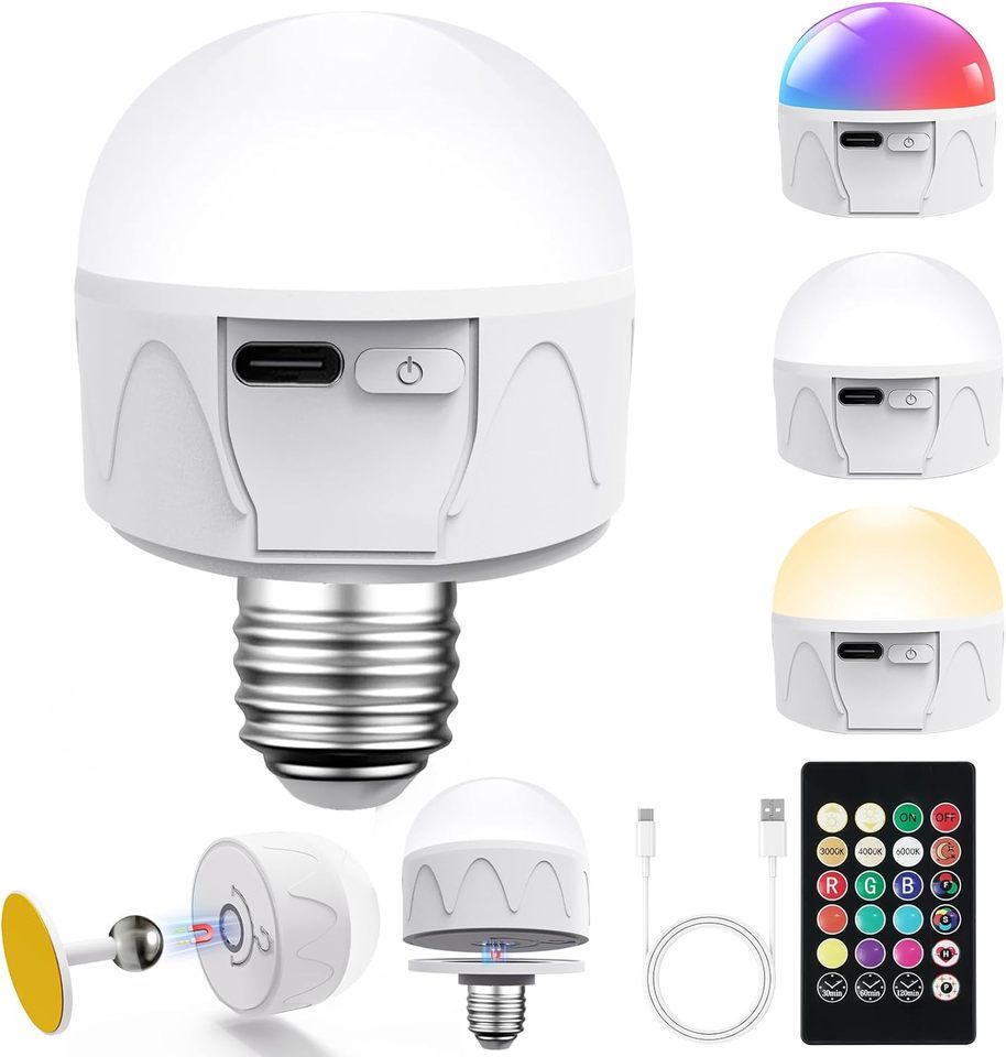 RGB Rechargeable Bulb with Remote 2200mAh E26 Magnetic 360° Rotating Detachable Charging Battery Operated Bedroom Light 