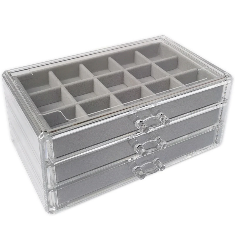 

Three-Drawing Multi-Frame Acrylic Flannel Storage Box Jewelry Necklace Finishing Box Earrings Ring Display Stand Tray