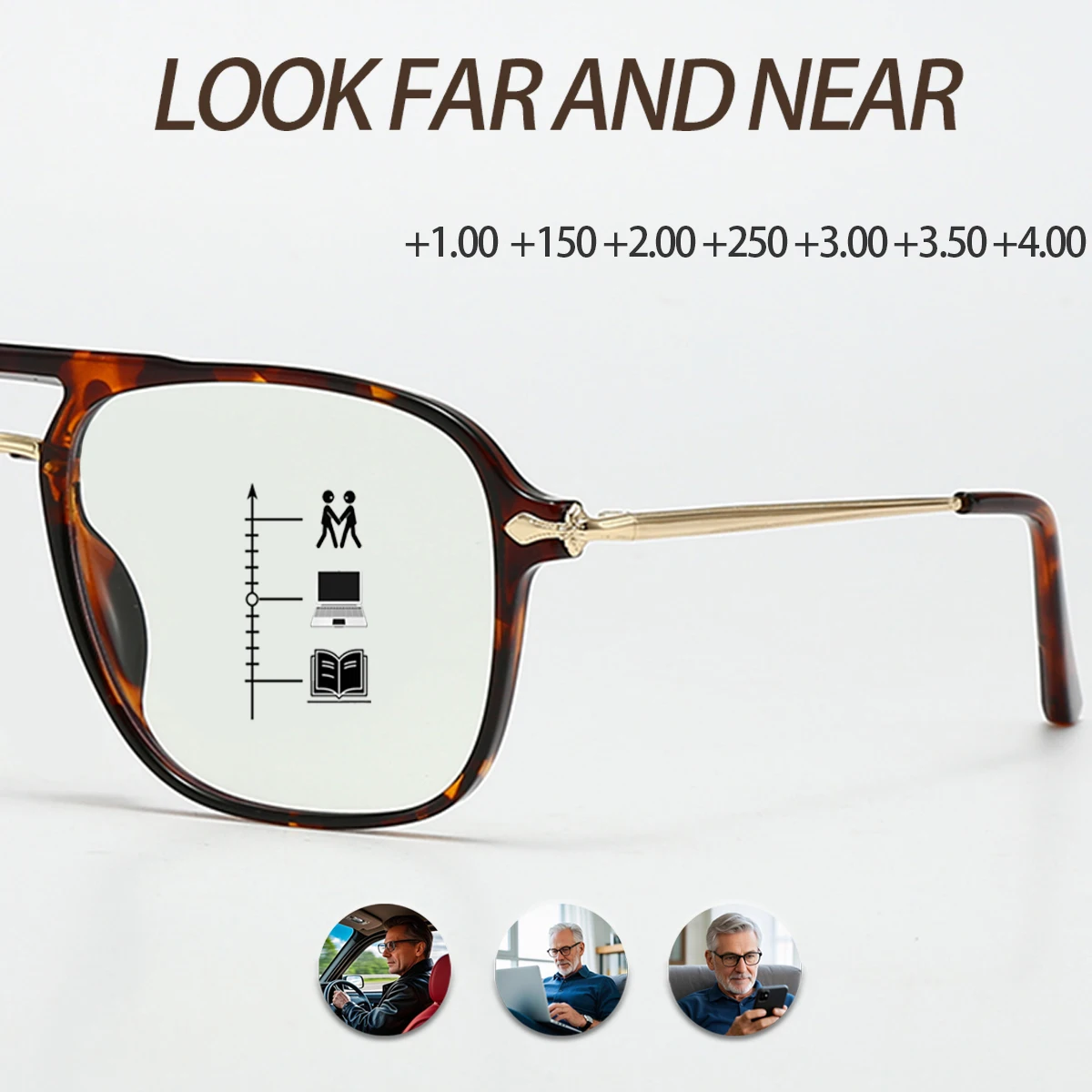 Fytoo Unisex Tortoiseshell Glasses,Tr Square Double Bridge Frames,Multifocal Blue Light Blocking Reading Glasses Stylish Elegant