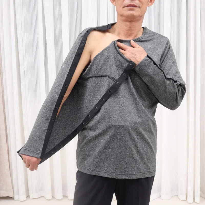 Camiseta de paciente estilo botón de despegue fácil de usar, acupuntura posoperatoria, PICC, ropa de cuidado para ancianos postrados en cama para fracturas de brazos