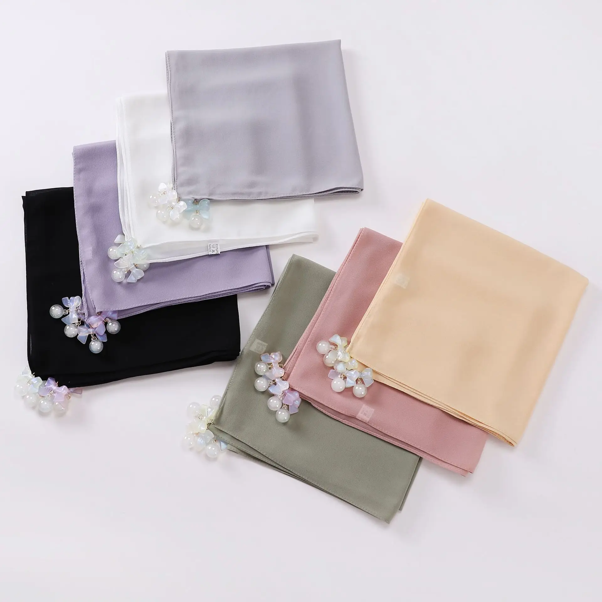 90cm Resin Bow Pearl Chiffon Tudung Hijab Bawal Square Scarf Shawls Muslim Women Turban Hijab With Accessories Islam Femal