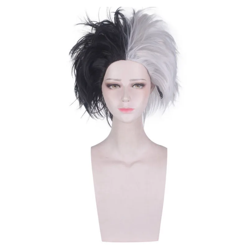 Cruella de vil peruca filmes cruella de vil cosplay metade preto e branco peruca afro de duas cores