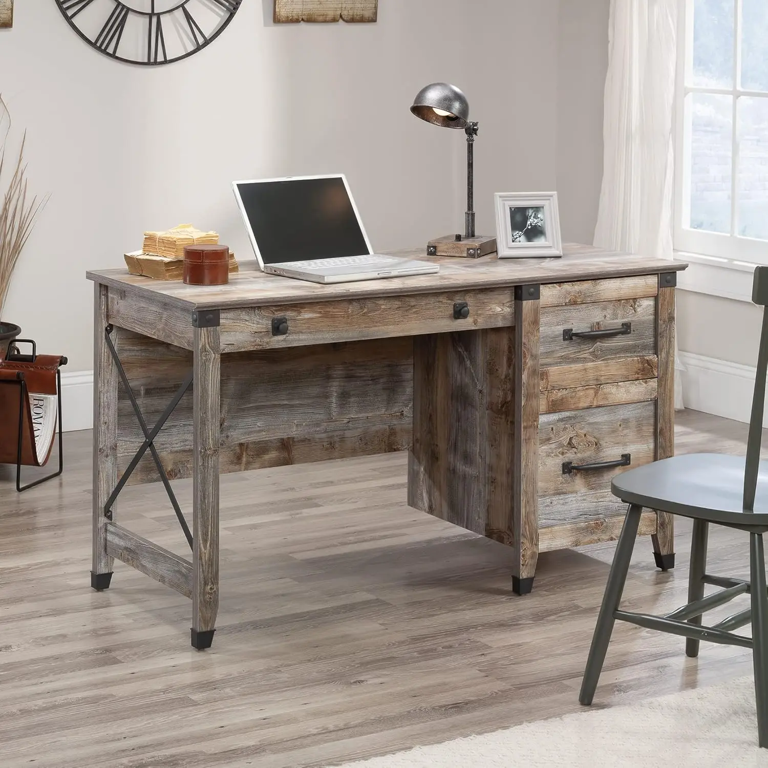 Vintage country computer desk with drawers for home officeThree drawers with metal Wrought iron style hardware and accents