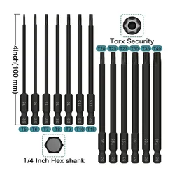 13Pcs Torx Bit Set Tamper Resistant Impact Security Star Torx Bits 1/4 Inch Hex Shank 100mm Screwdriver Bit Set