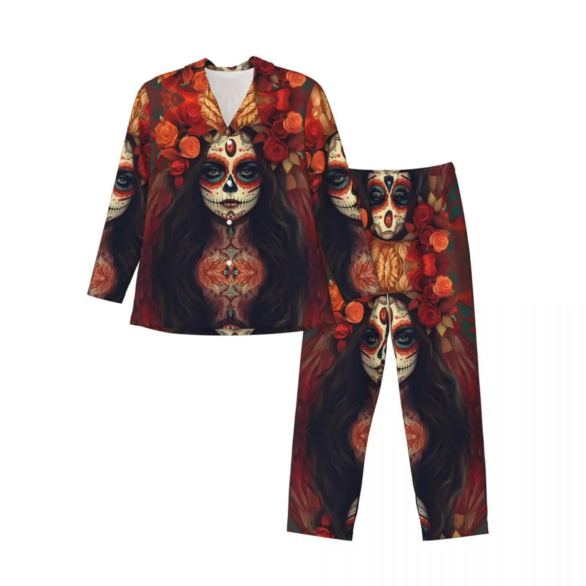 Flowers Mexican Skull Calavera Long-sleeved Trousers Pajamas for Men Autumn and Winter Homewear Sleepwear Sets