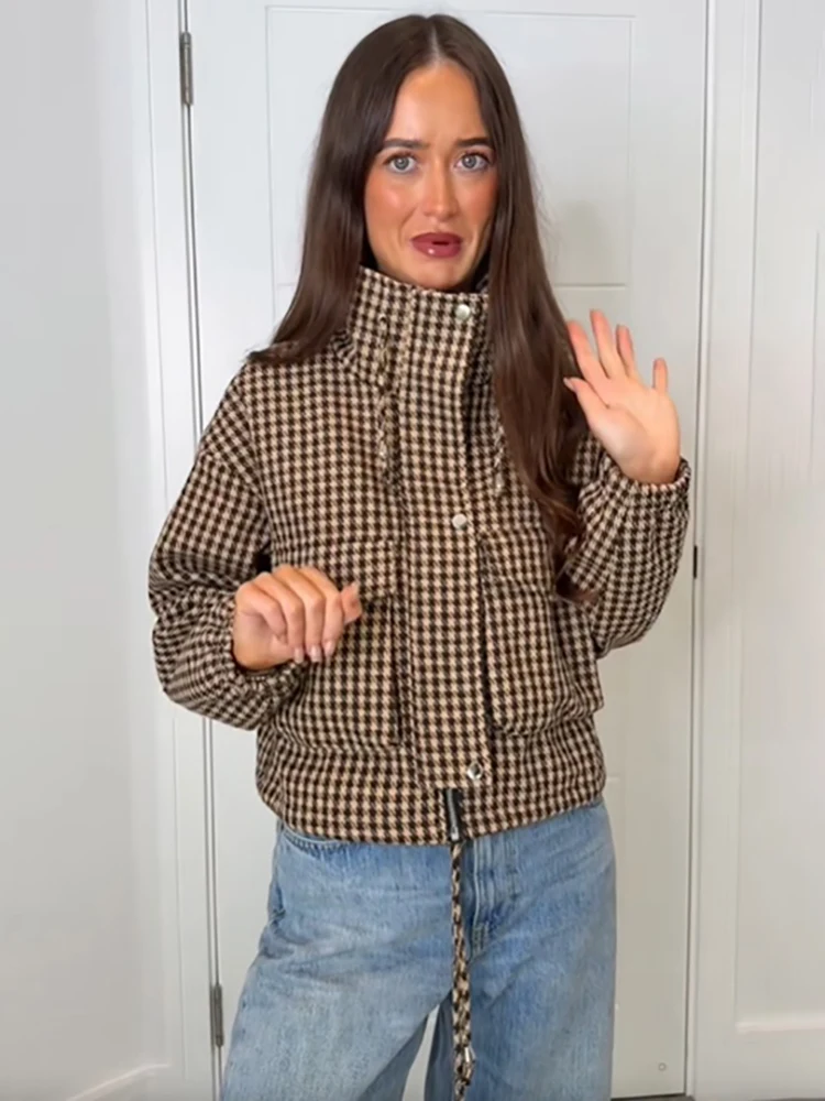Casual Edgy Brown Checkered Cropped Jacket Drawstring High Collar Chic Women Outerwear Autumn Fashion Female Streetwear