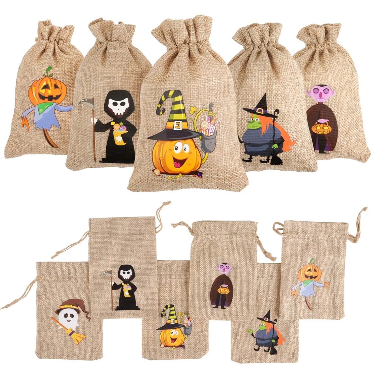 6 Pcs 10x14cm Halloween Burlap Gift Bags Goodie Treat Bags with Drawstrings for Kids Halloween Party Favor supplies decor gifts