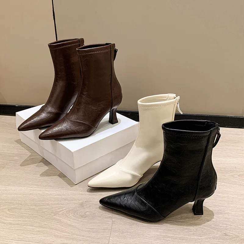 

French Pointed Toe Stiletto High Heel Ankle Boots 2025 New Year's New Elastic Super Stylish Niche Slim Boots for Women Elegant