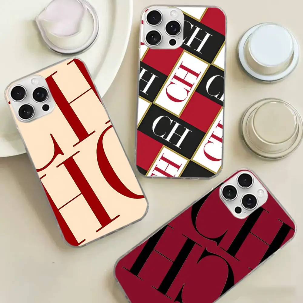 Funda para iPhone 17 Air 16 15 14 13 12 11 Pro Max Plus, Diseño C-Carolina H-Herrera, Superficie Plateada Brillante Satinada