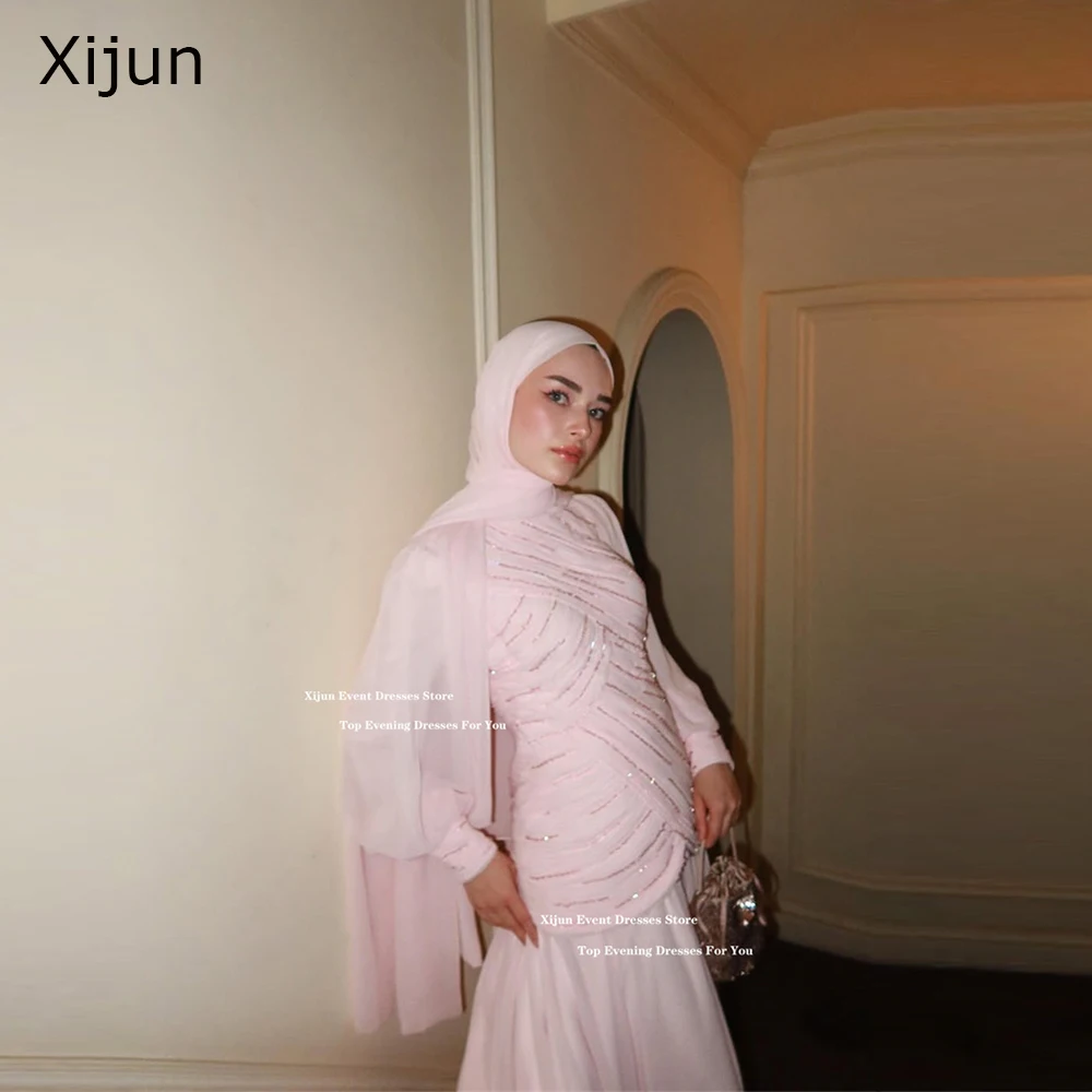 

Xijun Modest Blush Pink Chiffon Evening Dresses Beading Pleated Full Sleeves Prom Dresses Luxury Dubai Prom Gowns Customized