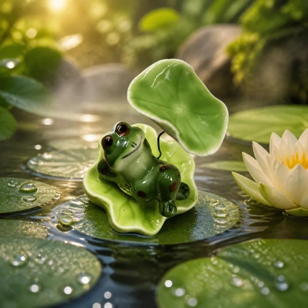 Ceramic Laying Frog Statue Home Ornaments Lotus Leaf Desktop Decoration Funny Attract Wealth Frog Rotating Tea Table