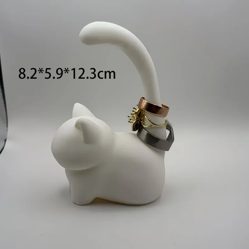 3D Printed Cat Ring Holder Cute Kitty Tail Jewelry Holder for Rings Modern Minimalist Bedroom Entryway Table Ornament