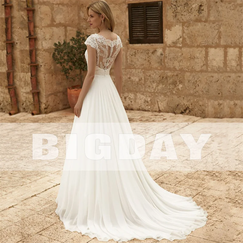 Elegant A-Line Wedding Dresses Women Lace Illusion Back Short Sleeve O-Neck Chiffion Bridal Gown Sweep Train Vestidos De Noiva