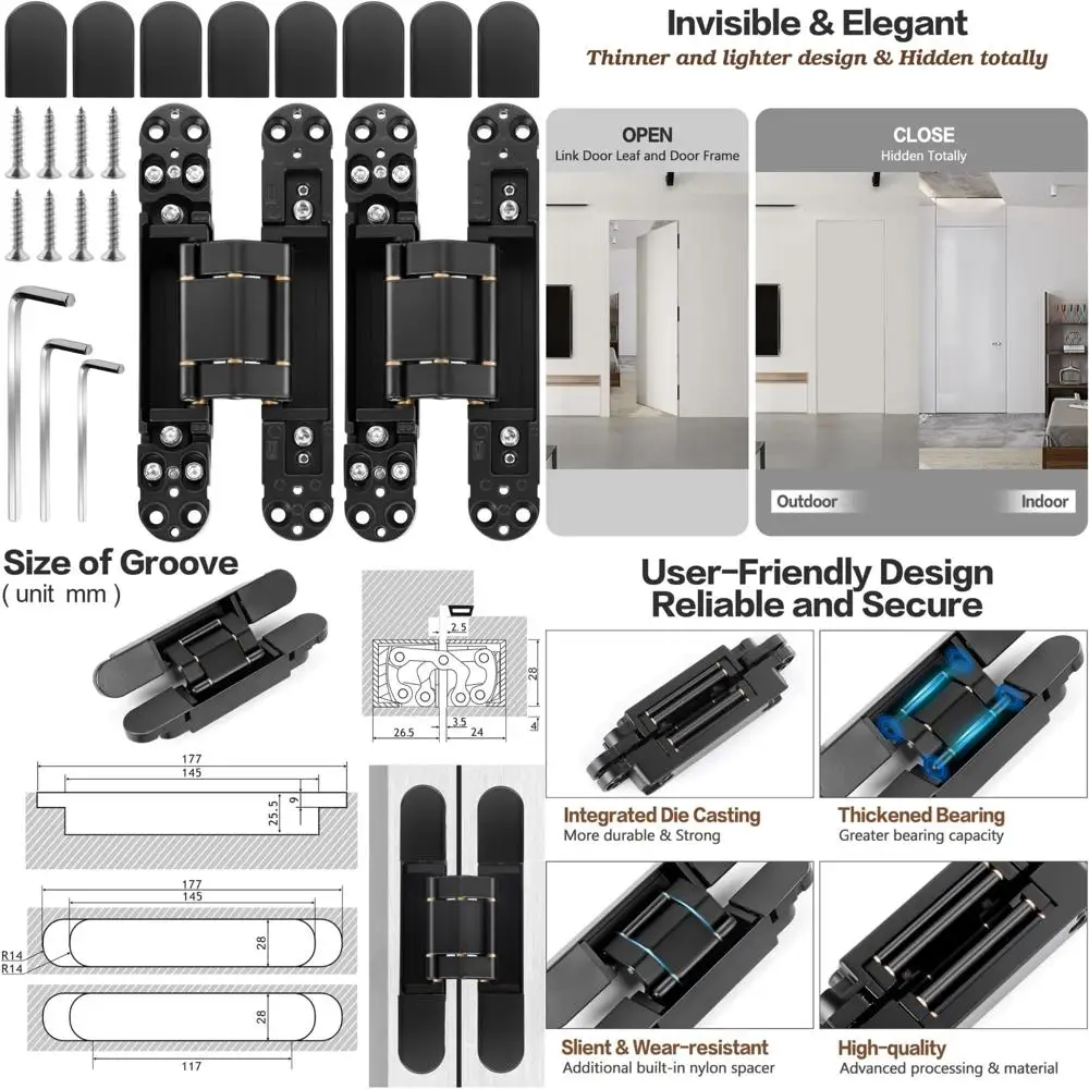 مفصلات أبواب مخفية من الفولاذ المقاوم للصدأ مقاس 7 بوصات - أسود غير مرئي أرجوحة 180 درجة مخفية 3 مفصلات قابلة للتعديل للأبواب #1
