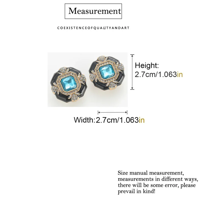 Vintage Round Square Crystal Earrings For Woman Stud Luxury Aquamarine Black Enamel Accessories Wedding Trendy Jewelry 2025 New