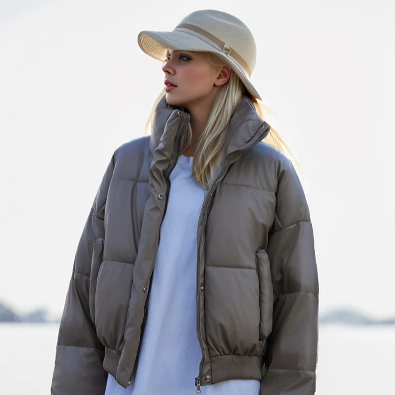 2024 Thick Down Jacket Women Stand Collar Long Sleeves Fashion American Streetwear Duck Down Feather Coat Female Winter Outwear