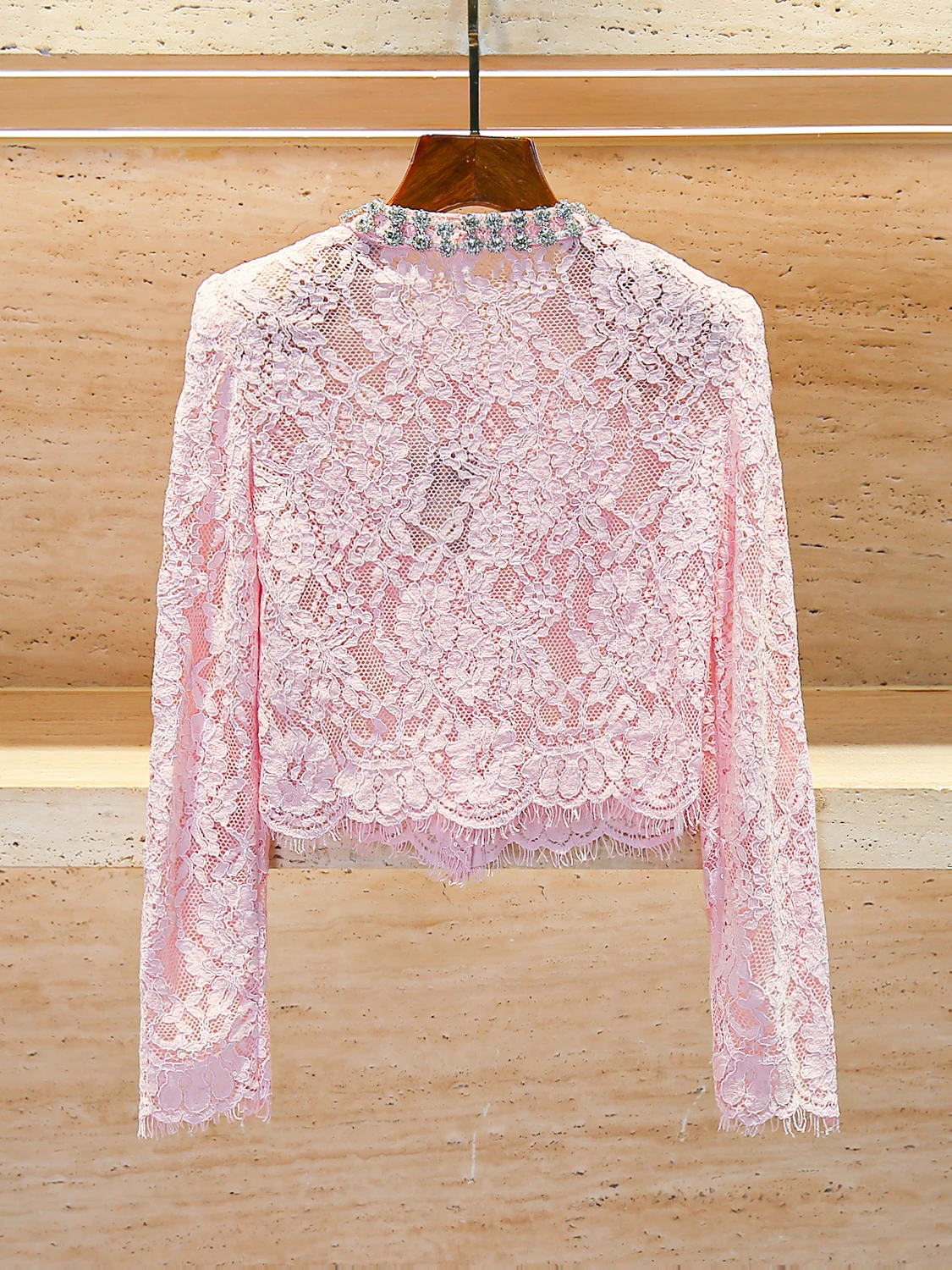 Heavy Embellished Short Lace Jacket for Women Diamond Embedded Fashionable Commute Style Straight Cut Long Sleeve round Neck