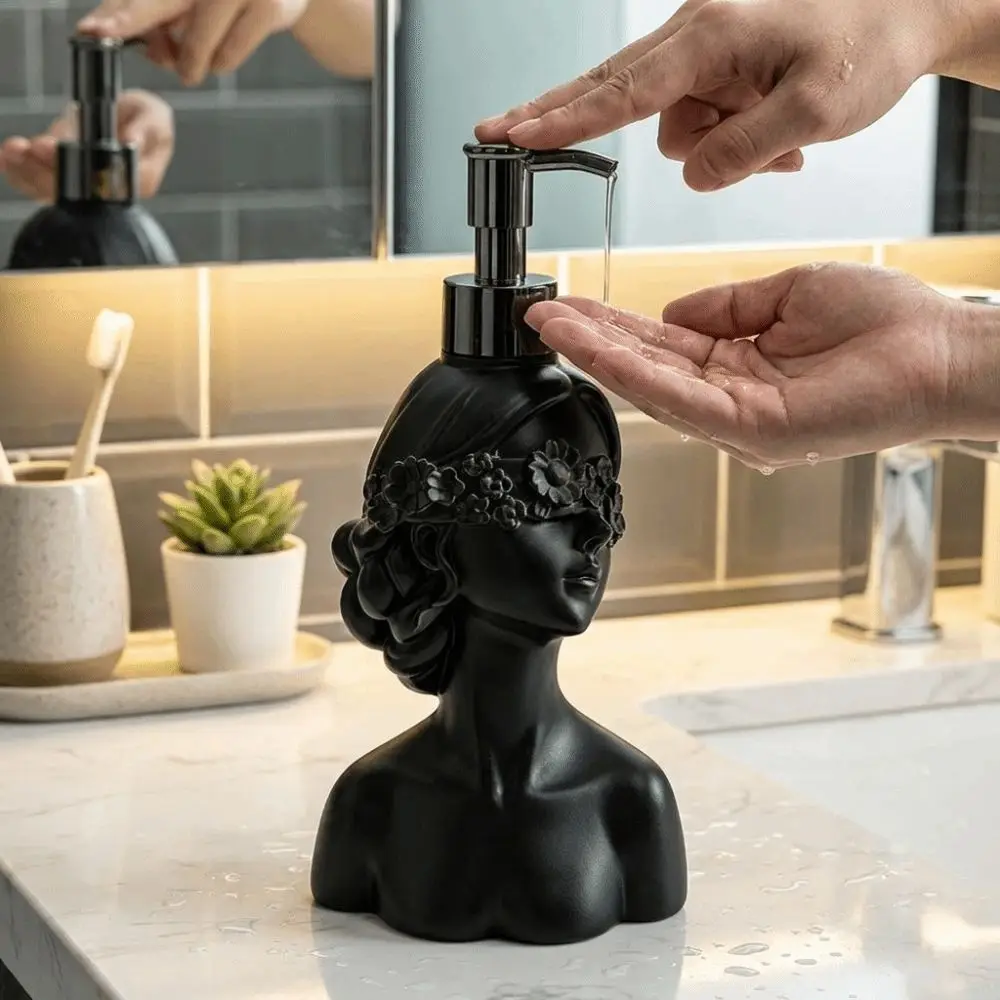 Resin Blindfold Girl Lotion Pump Press Type Vintage Bust Statue Soap Dispenser Unique Goth Style Hand Sanitizer Bottle